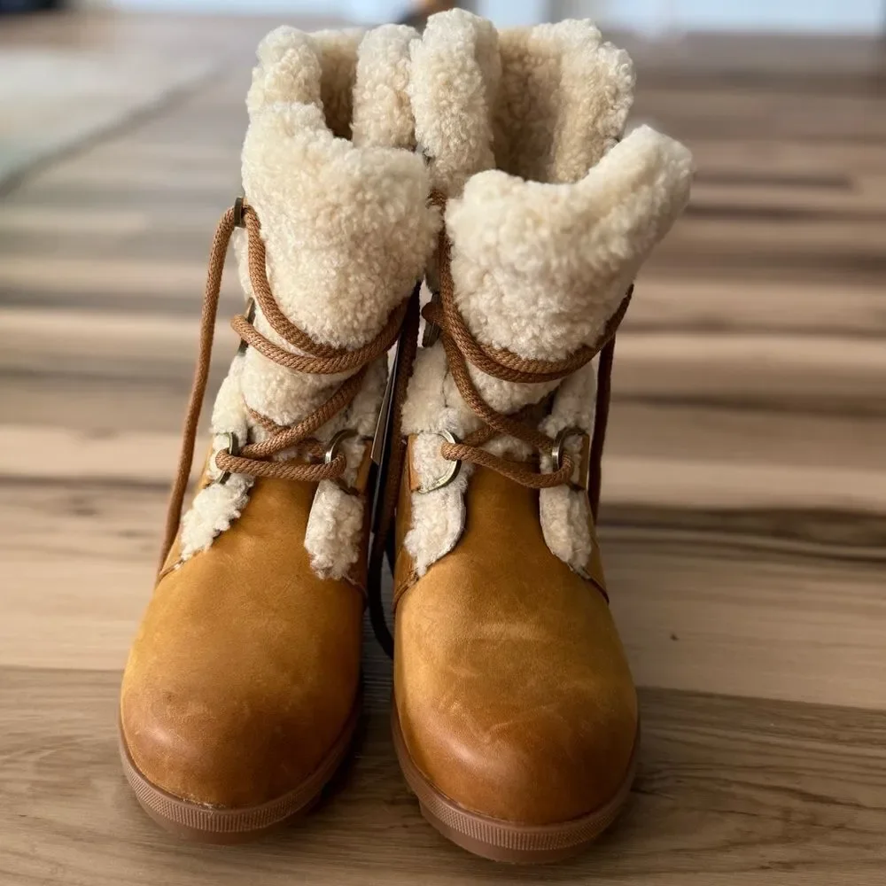 Sorel Joan Of Arctic Wedge Shearling 9.5 Boots Leather Camel